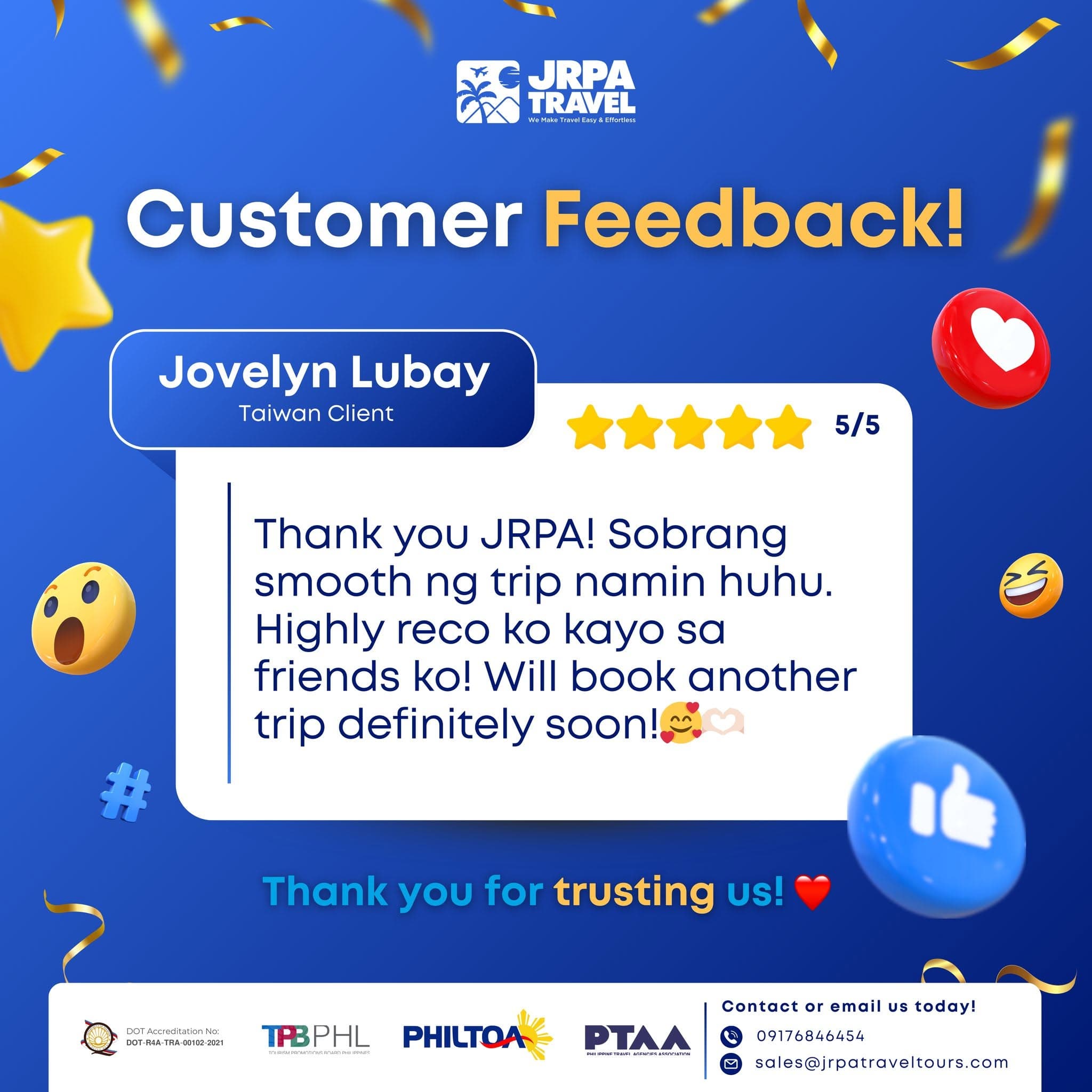 5-star customer feedback from Jovelyn Lubay (Taiwan): "Sobrang smooth ng trip namin — will book another trip soon!"