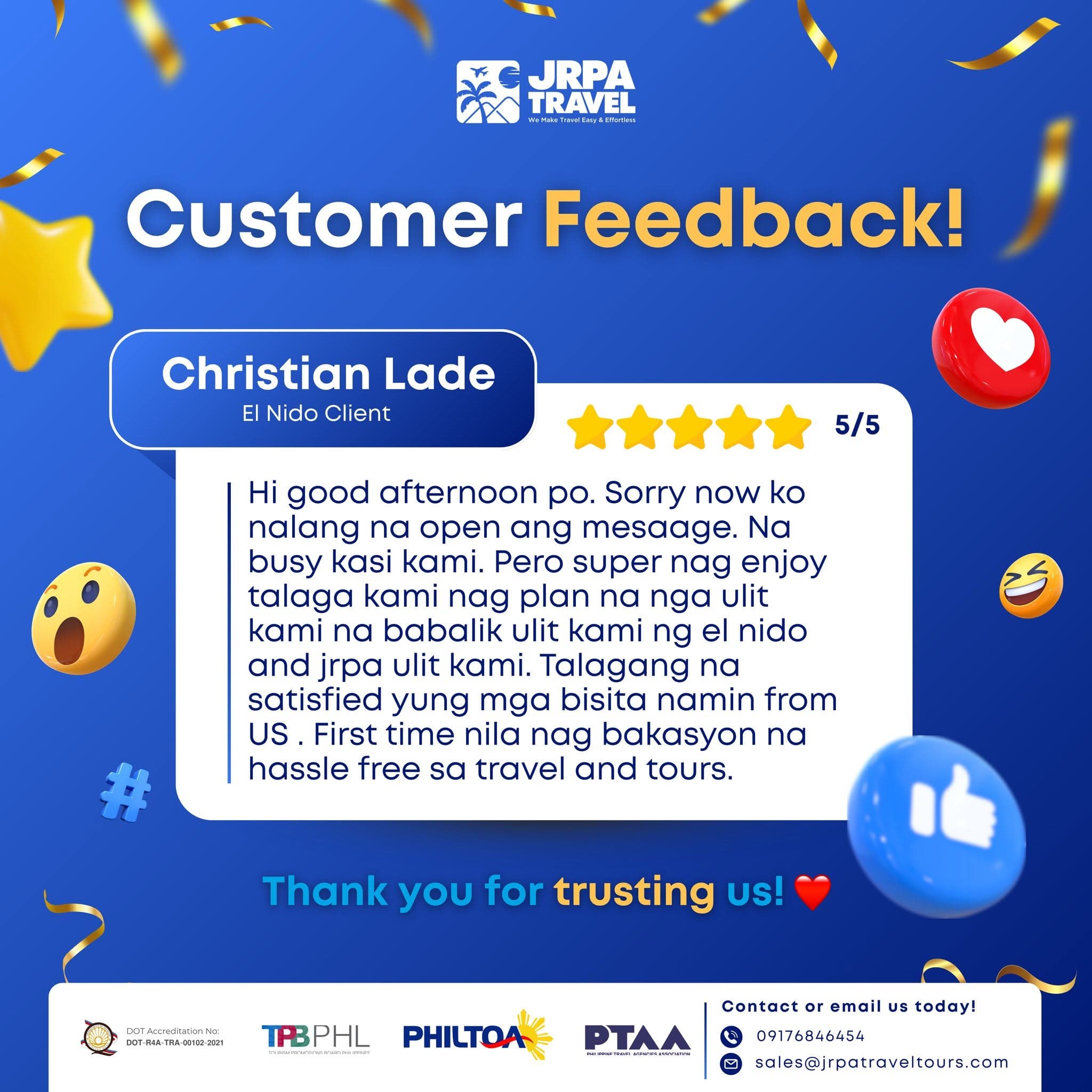 5-star customer feedback from Christian Lade (El Nido): "Babalik ulit kami ng El Nido and JRPA ulit kami."